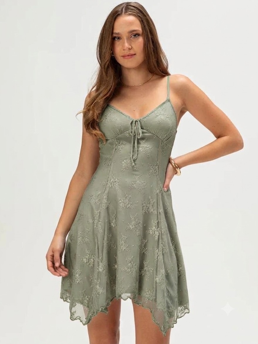 Delicate Lace-Trim Slip Dress in Sage Green
